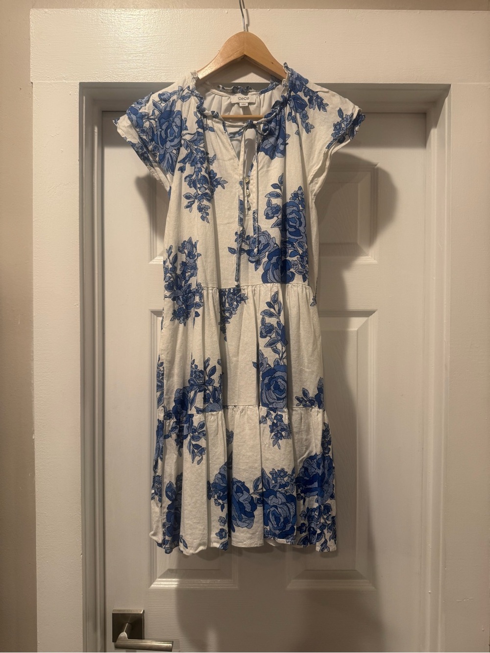 CeCe White Midi Dress with Blue Floral Print
